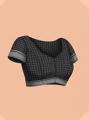Cotton Silk Black Checkered Booti Saree with Zari Ikat Border