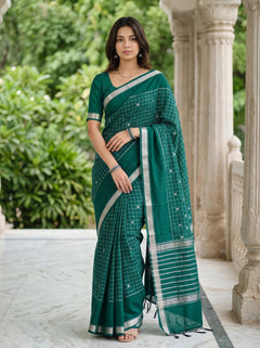 Cotton Silk Dark Green Saree with Silver Checkered Pallu and Striped Border