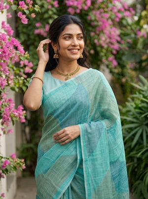 Linen Sea Green Abstract Ombre Wave Saree