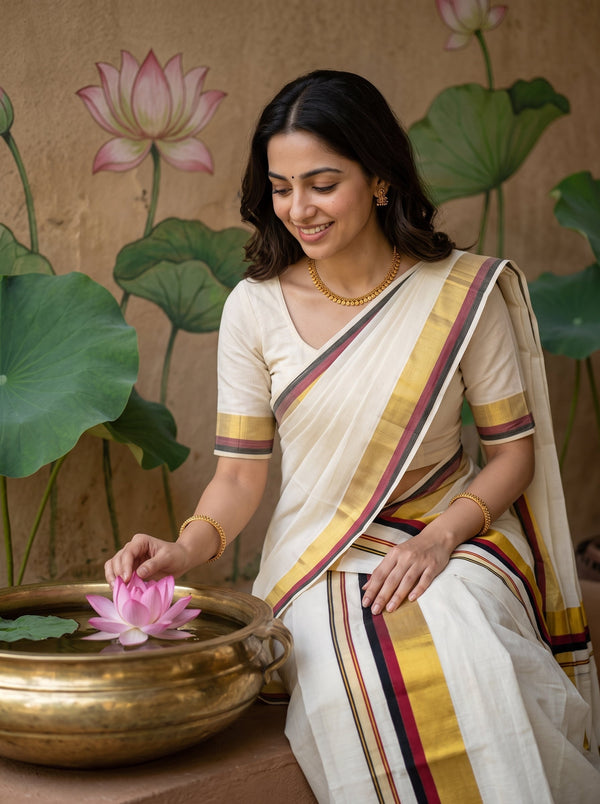 A woman wearing a cream-colored traditional Indian saree with gold, red, and navy stripes, sitting beside a brass pot with a pink lotus flower. The background features a painted wall with lotus leaves and flowers.