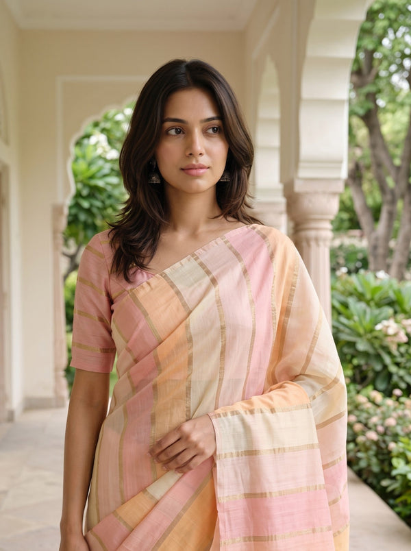 Chanderi Cotton Pastel Ombre Stripe Saree with Golden Zari Lines