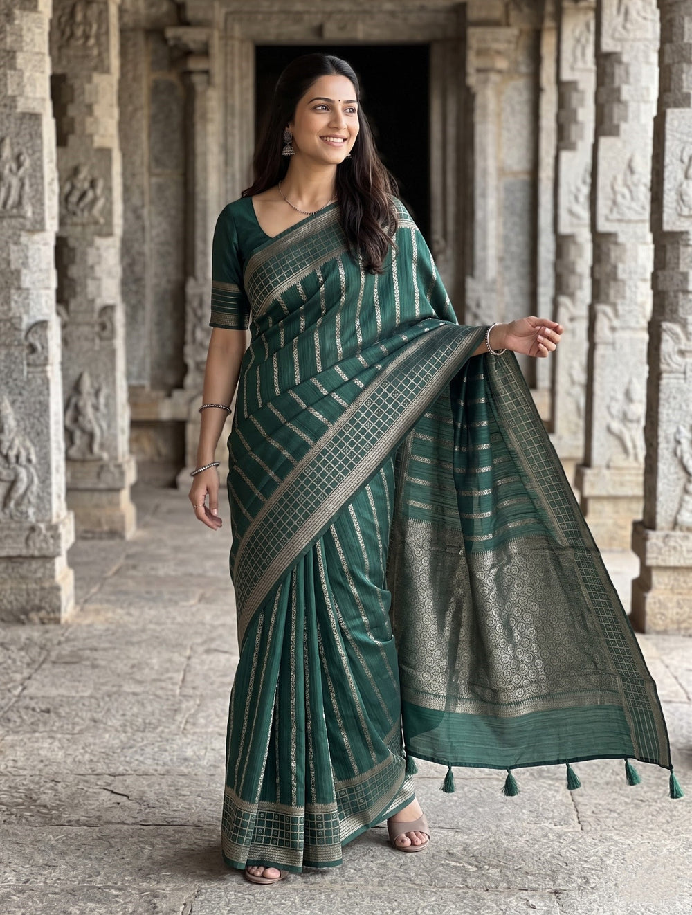 Semi Silk Bottle Green Silver Zari Rosette Mesh Saree with Tassels