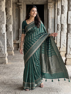 Semi Silk Bottle Green Silver Zari Rosette Mesh Saree with Tassels