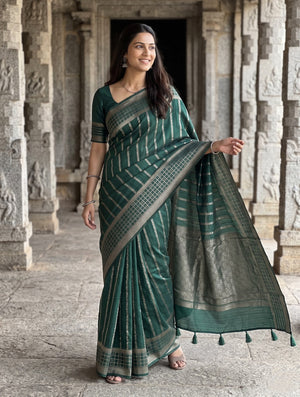 Semi Silk Bottle Green Silver Zari Rosette Mesh Saree with Tassels