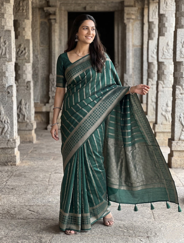 Semi Silk Bottle Green Silver Zari Rosette Mesh Saree with Tassels