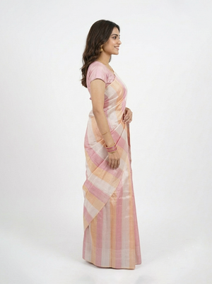 Semi Silk Soft Pink Checked Stripe Saree