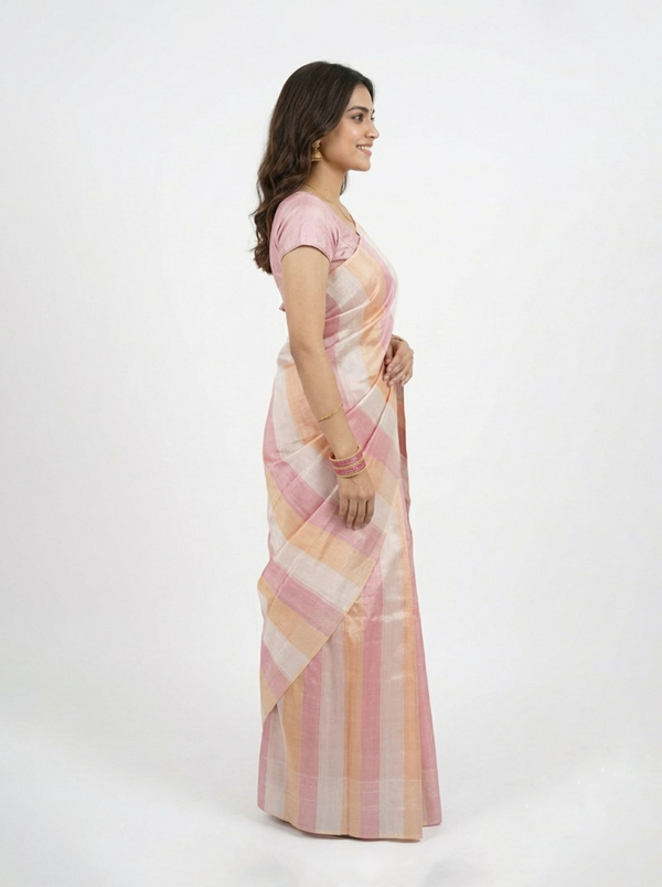 Semi Silk Soft Pink Checked Stripe Saree