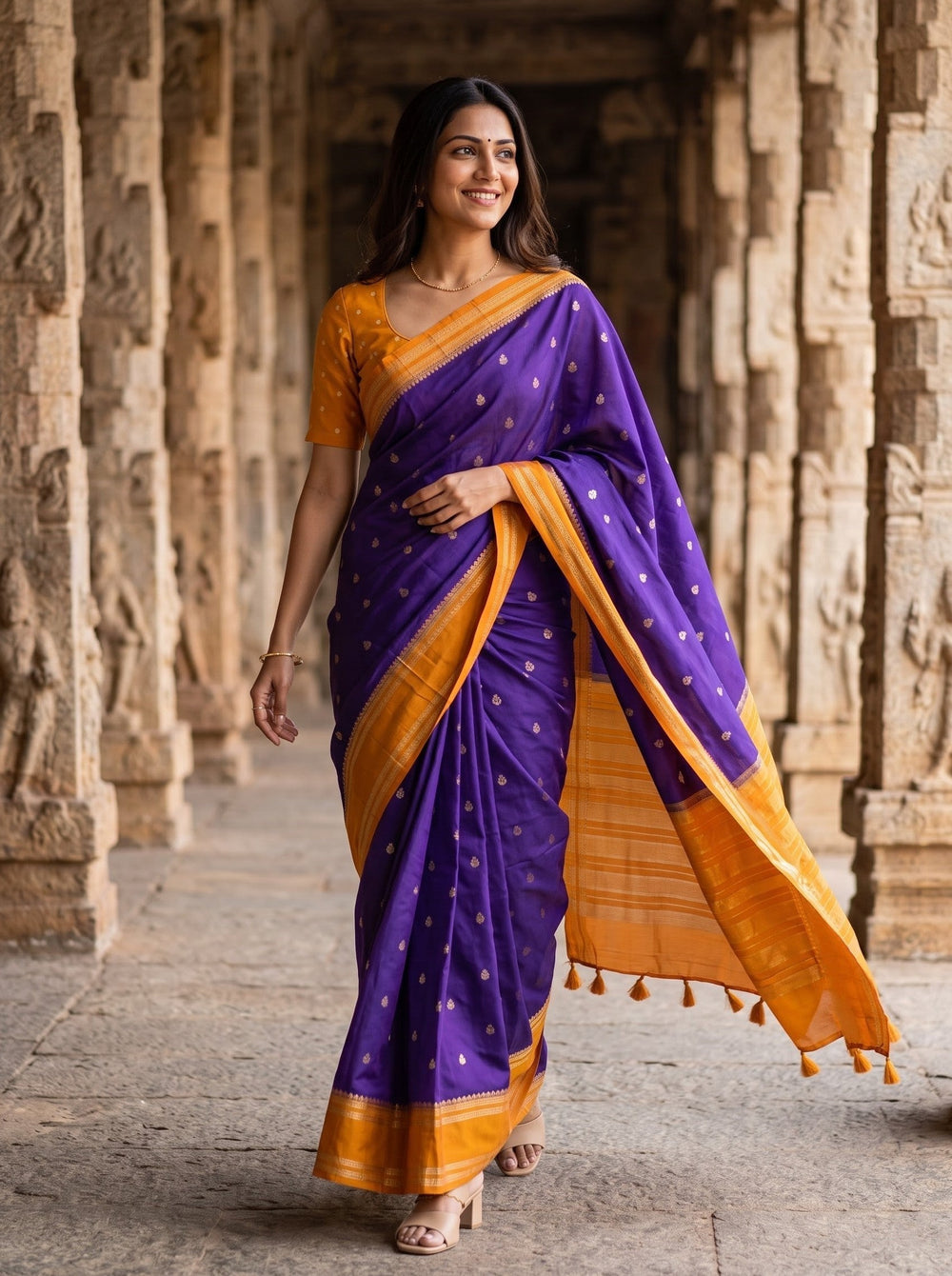 Semi Silk Purple Saree with Scattered Golden Butta Motifs and Orange Pallu