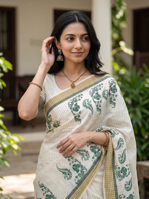 Cotton Cream Green Paisley Print Kerala Saree with Temple Border