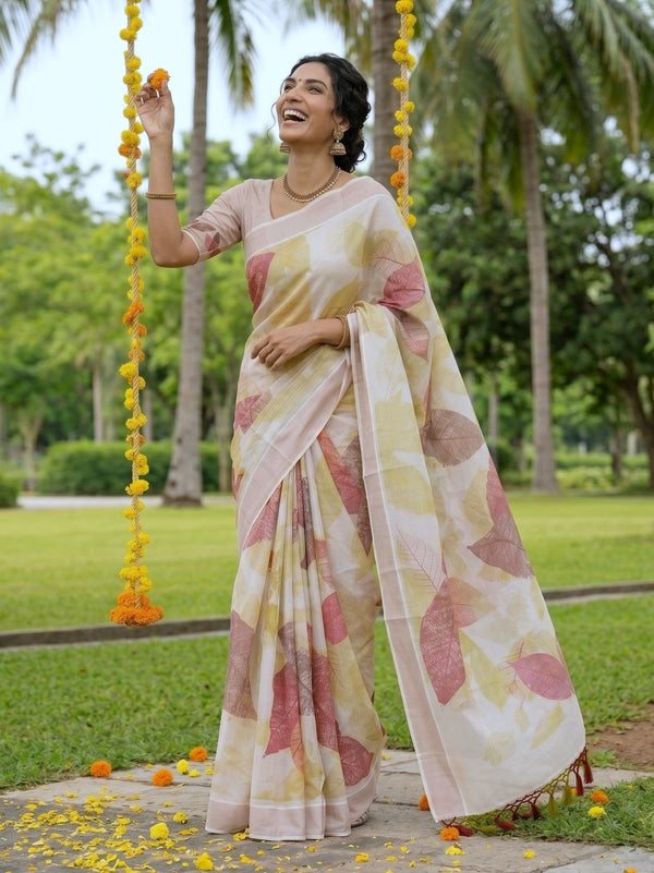 Tissue Silk Cream Autumn Leaf Print Onam Special Kerala Saree