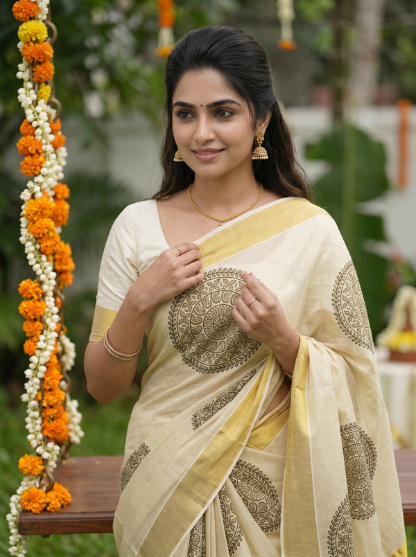 Tissue Golden Cream Rangoli Medallion Print Onam Special Kerala Saree