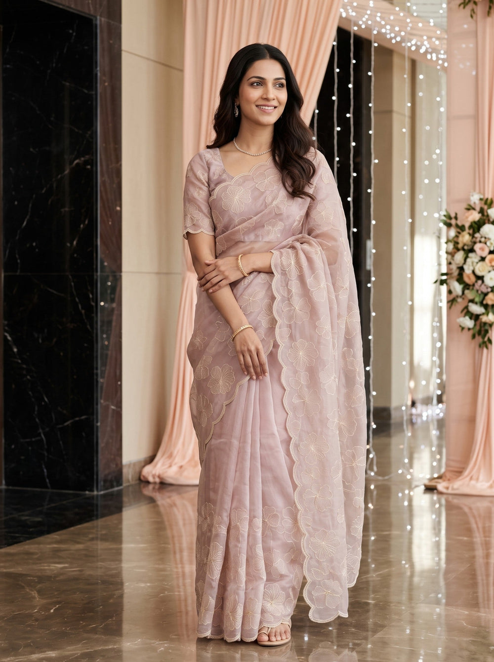 Tissue Silk Mauve Saree with All-Over Hibiscus Floral Embroidery