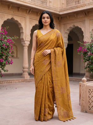 Semi Tussar Mustard Floral Embroidered Diamond Cutwork Butta Saree with Tassel Pallu