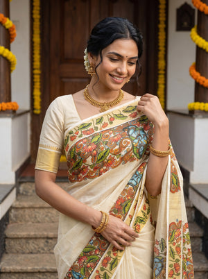 A woman wearing a cream-colored saree with colorful floral and paisley patterns, standing in front of a doorway decorated with yellow marigold garlands.