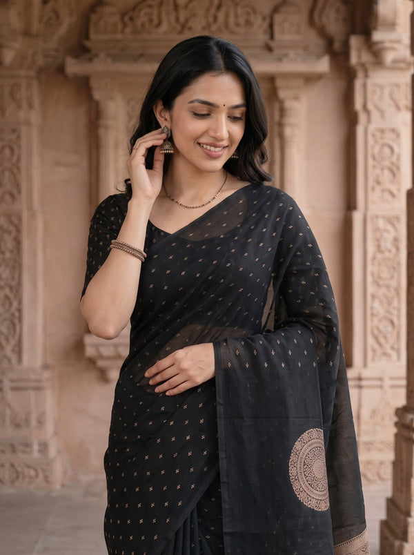 Cotton Silk Black Golden Polka Dot Mandala Floral Brocade Pallu
