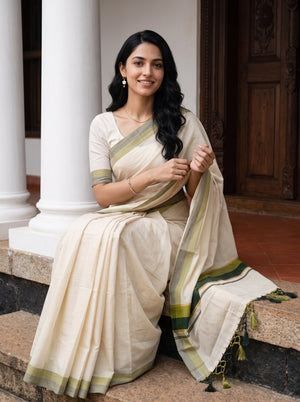 Tissue Cream Olive Green Tasseled Border Onam Kerala Saree
