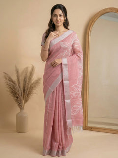 Semi Linen Dusty Pink Floral Print Saree with Silver Zari Border
