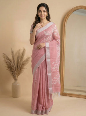 Semi Linen Dusty Pink Floral Print Saree with Silver Zari Border
