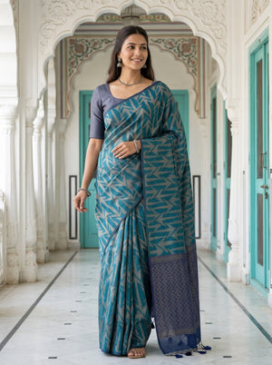 Matka Silk Teal Navy Gold Chevron Zigzag Diamond Pallu