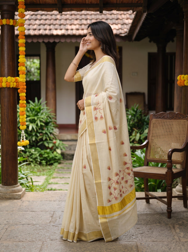 Tissue Cream Rust Floral Vine Embroidery  Onam Special Kerala Saree with Golden Border