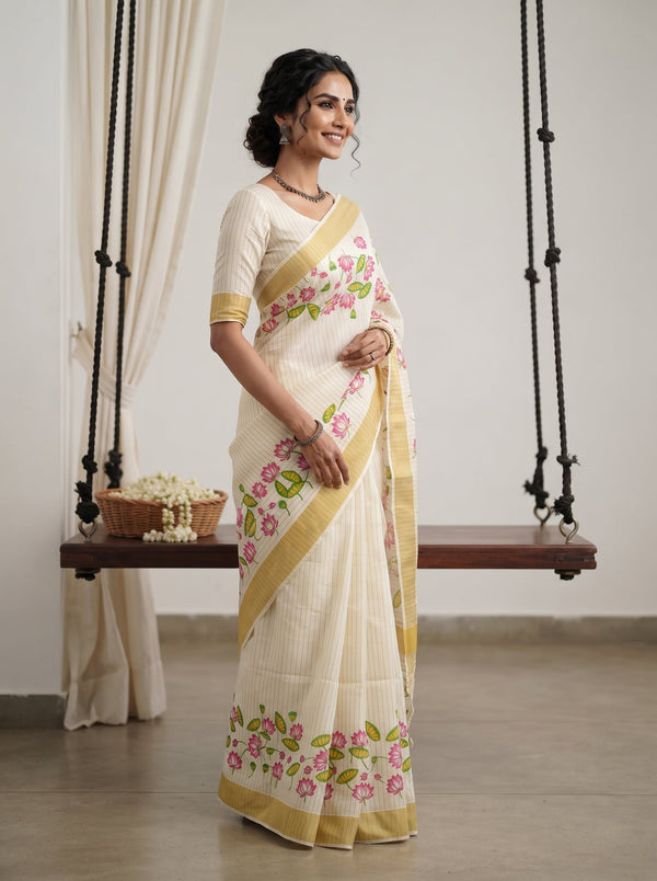 A woman modeling a cream-colored cotton saree with pink floral embroidery and gold borders, standing in a studio with a hanging swing bench in the background.