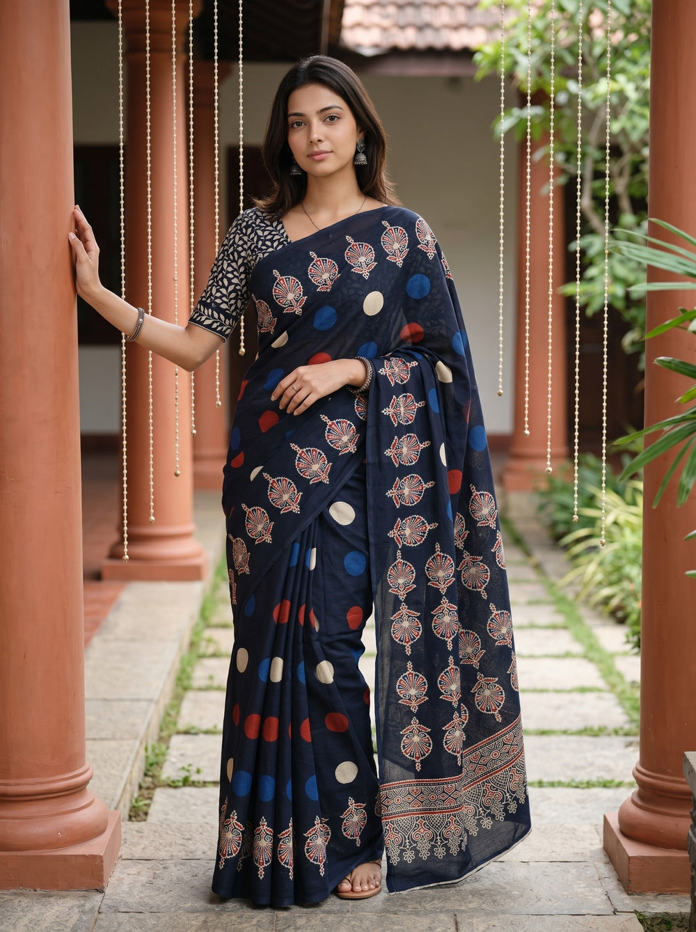 Cotton Black Saree with Multicolor Traditional Motif and Geometric Border