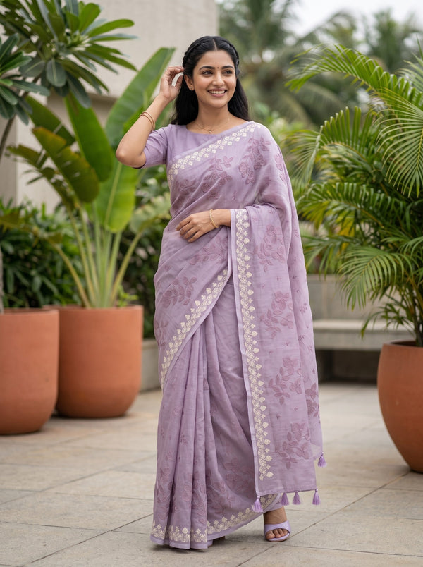 Pure Chanderi Lilac Saree with Embroidered Floral Lace Border