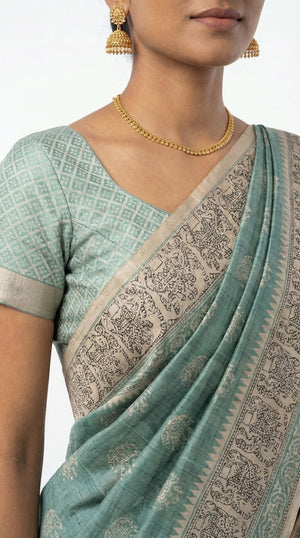 Cotton Sea Green Elephant Embroidery Saree