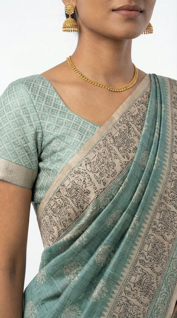 Cotton Sea Green Elephant Embroidery Saree