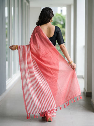 Cotton Pink Saree with Striped Body & Tassels