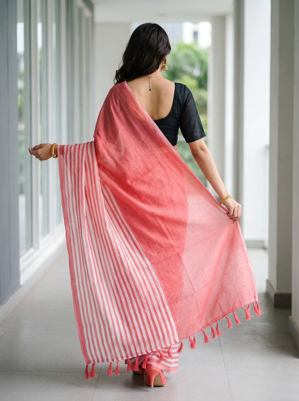 Cotton Pink Saree with Striped Body & Tassels
