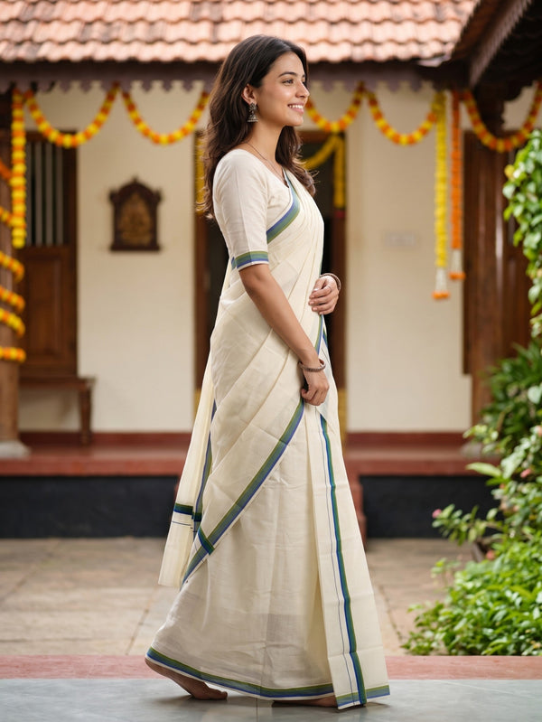 Cotton Cream with Blue and Green Stripe Border Onam Special Kerala Set Mundu