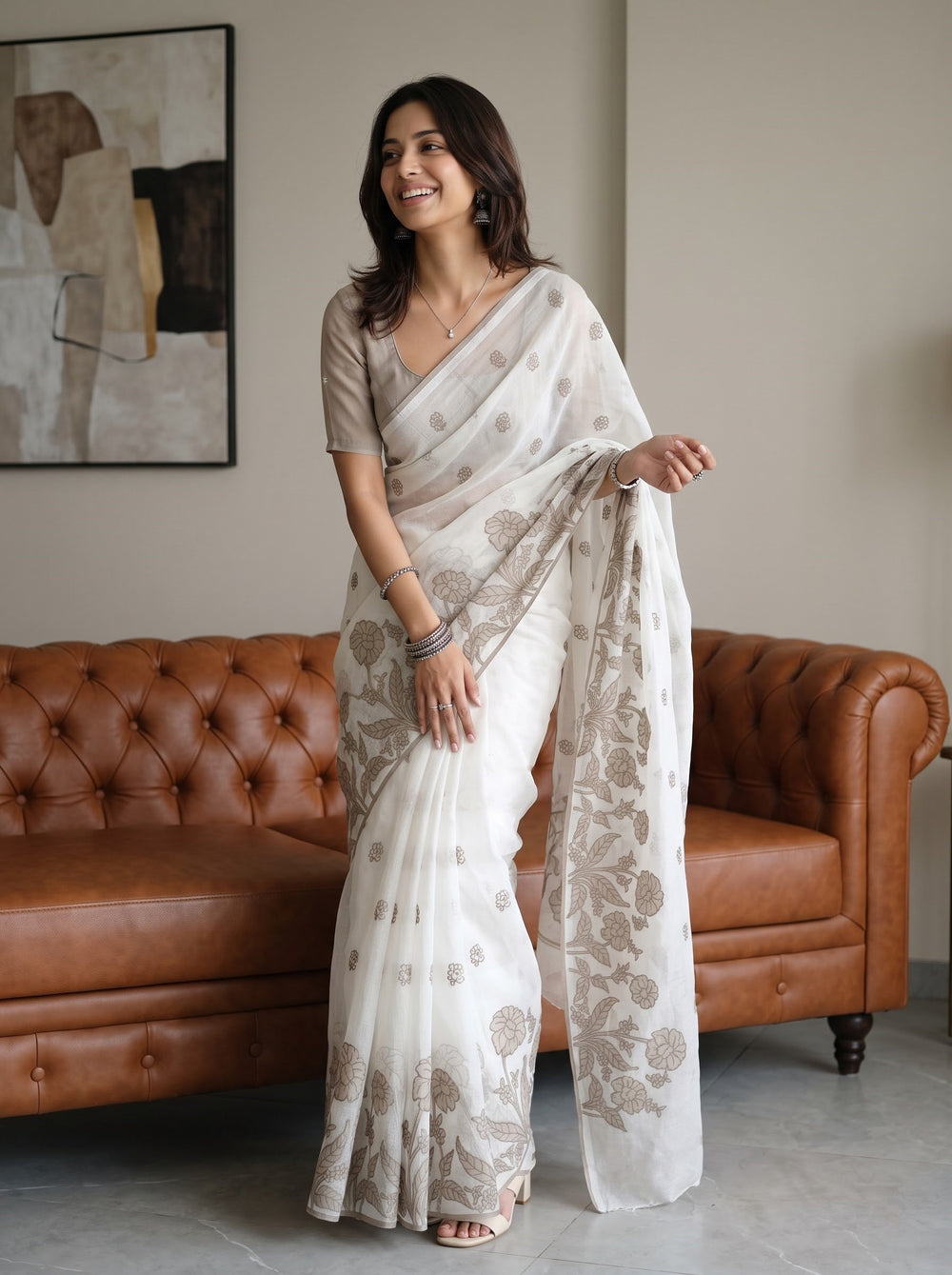 Net Kota Off-White Saree with Grey Floral Butta Design
