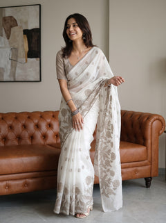 Net Kota Off-White Saree with Grey Floral Butta Design