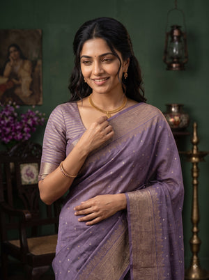 Banarasi Silk Lavender Zari Dot Brocade Border Saree with Tassels