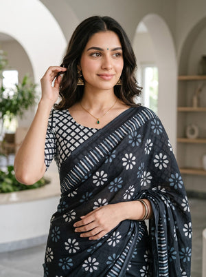 Cotton Black White & Grey Daisy Floral Block Print Pallu Saree with Buta Motifs