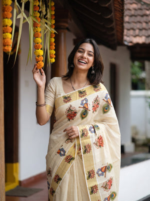 Tissue Cream Mural Art Lotus Peacock  Onam Special Kerala Saree with Golden Border