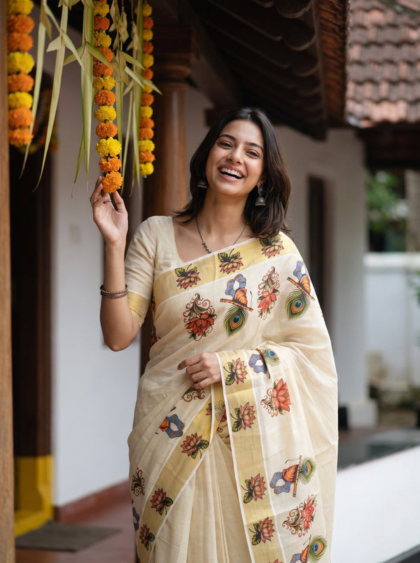 Tissue Cream Mural Art Lotus Peacock  Onam Special Kerala Saree with Golden Border
