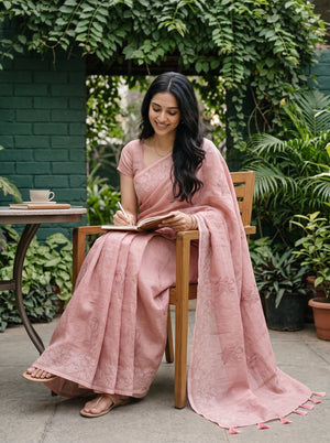 Chanderi Peach Pink Rose Bud Embroidered Saree with Cream Floral Vine Lace Border