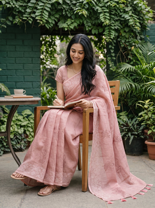 Chanderi Peach Pink Rose Bud Embroidered Saree with Cream Floral Vine Lace Border