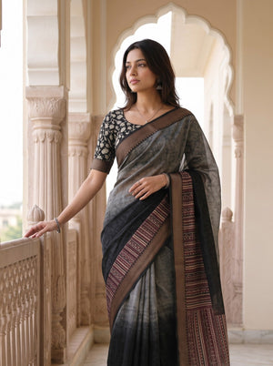 Pure Chanderi Black Olive Tribal Zigzag Print Chevron Border Saree