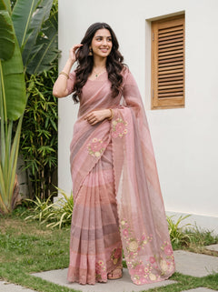 Tissue Dusty Rose Pink Yellow Applique Floral Embroidered Pallu Saree