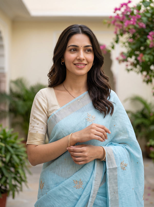 Linen Sky Blue Golden Zari Pallu Saree with Bead Work Leaf Butta, Knotted Tassels