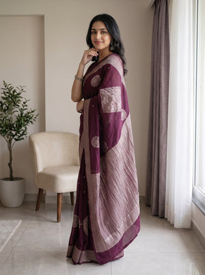 Georgette Wine Rose Gold Geometric Diamond Print Saree with Chevron Border