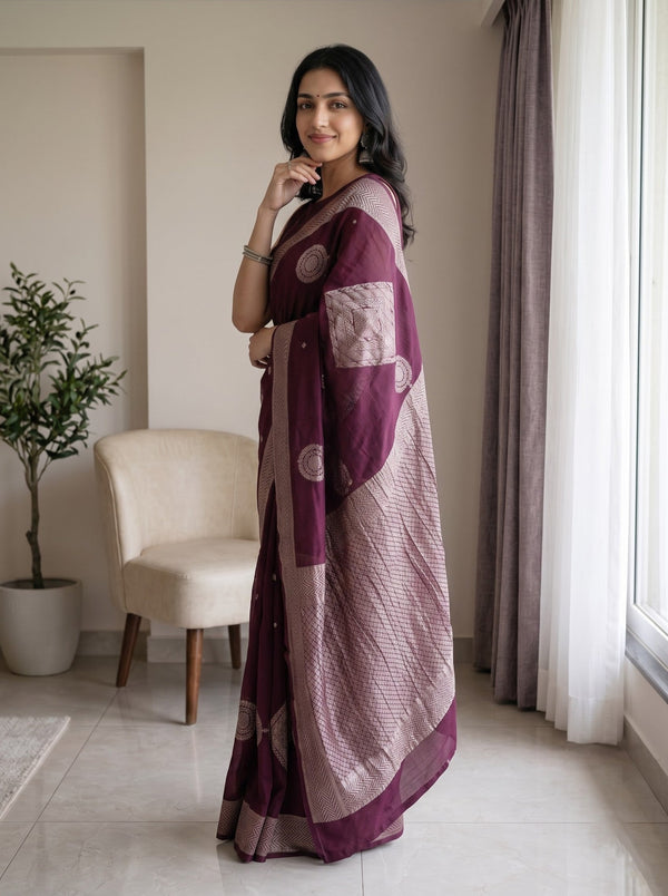Georgette Wine Rose Gold Geometric Diamond Print Saree with Chevron Border