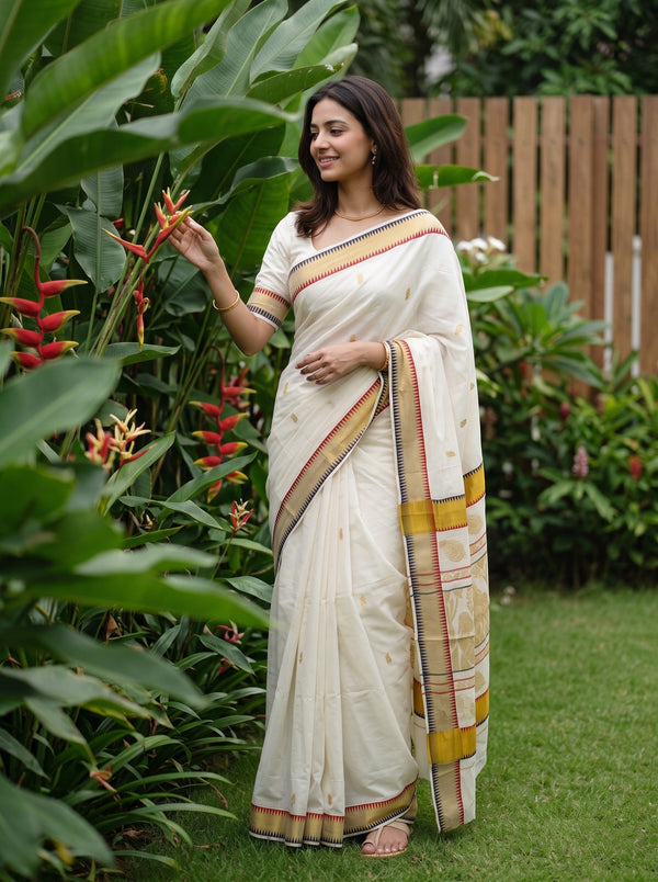 Cotton White Golden Butta with Red Black Temple Border Onam Special Kerala Saree