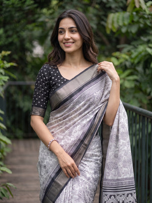 Polycotton White Black Kalamkari Peacock Pair Print Pallu Saree with Floral Paisley Body