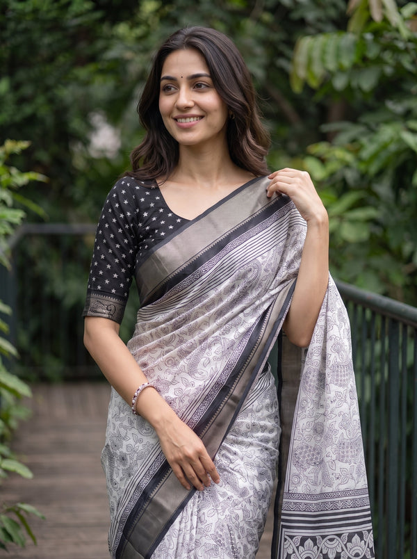 Polycotton White Black Kalamkari Peacock Pair Print Pallu Saree with Floral Paisley Body
