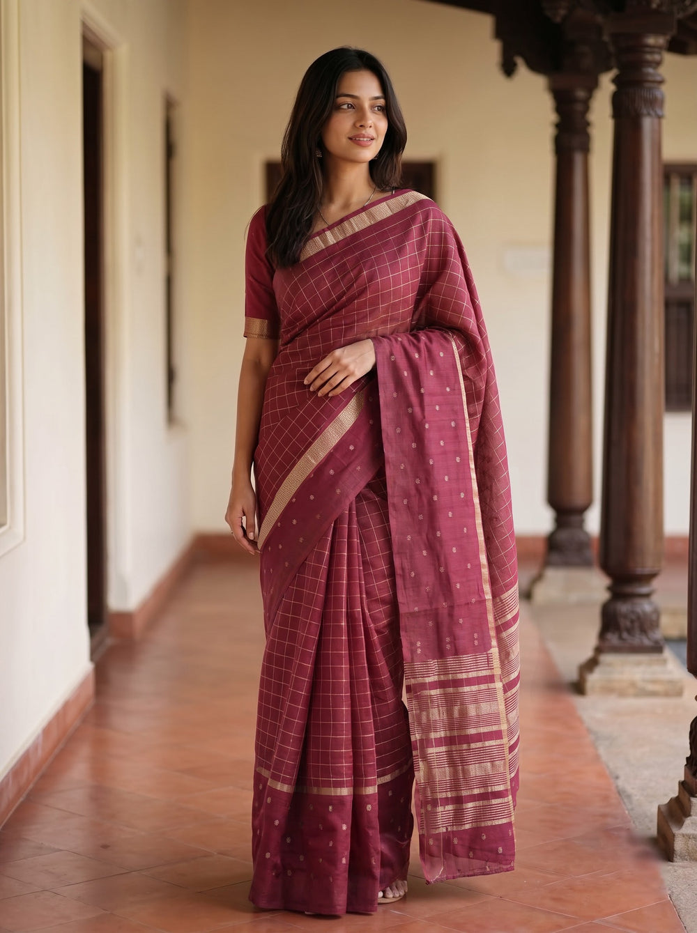 Semi Silk Maroon Saree with Golden Dotted Butta Border and Check Weave