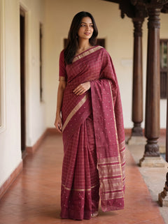 Semi Silk Maroon Saree with Golden Dotted Butta Border and Check Weave